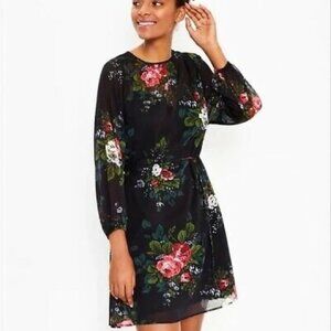 Loft black sheer long sleeve floral tie waist dress